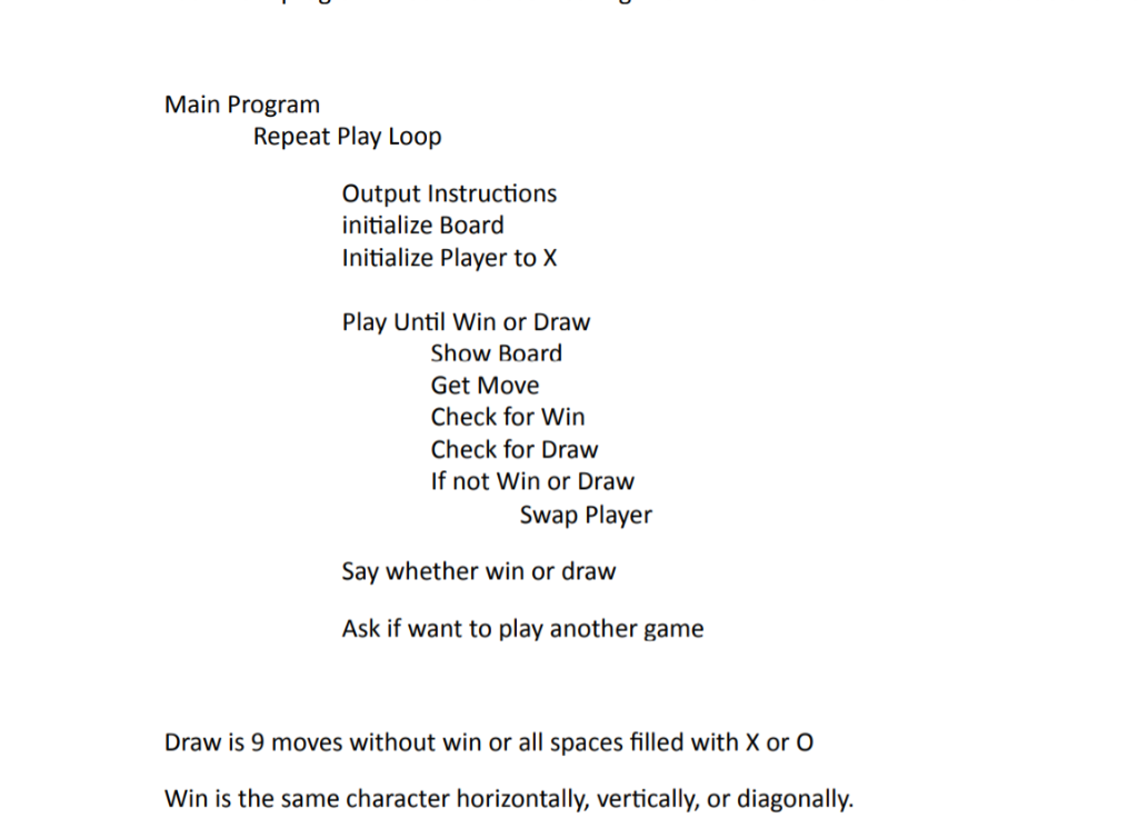 Main Program Repeat Play Loop Output Instructions initialize Board Initialize Player to X Play Until Win or Draw Show Board G