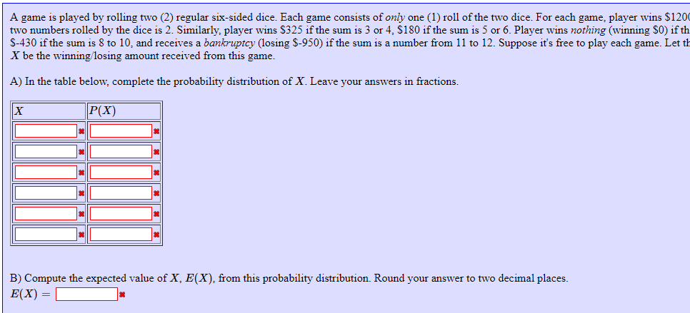 Solved] A game consists of rolling a pair of dice. You win the amounts