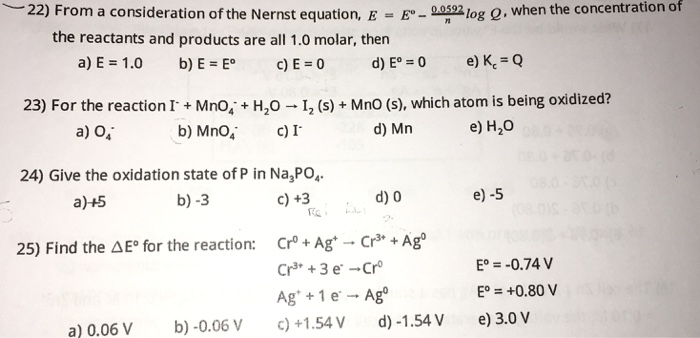 Solved From A Consideration Of The Nernst Equation E E Chegg Com