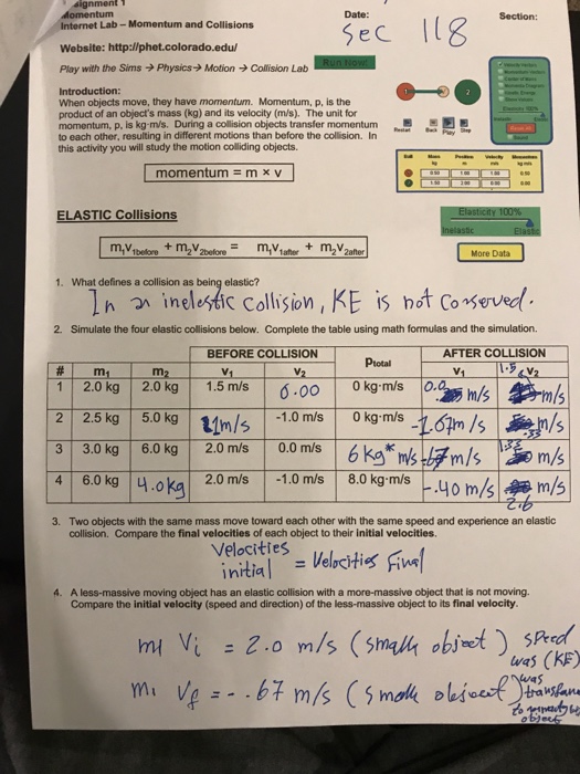 Signment Sec 3 Inter Lab Momentum And Collisions Chegg 