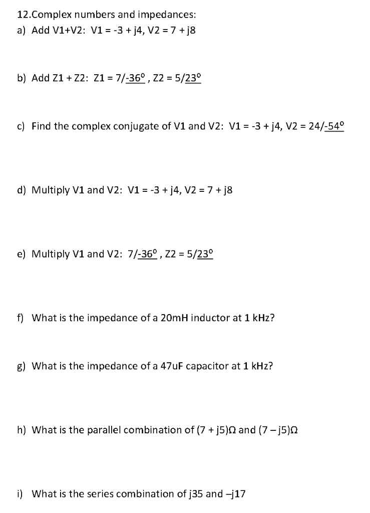 Solved 12 Complex Numbers And Impedances A Add V1 V2 V Chegg Com