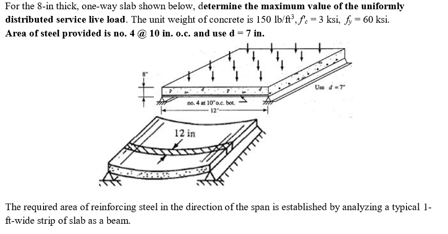 For the 8-in thick, one-way slab shown below, determine the maximum value of the uniformly distributed service live load. The