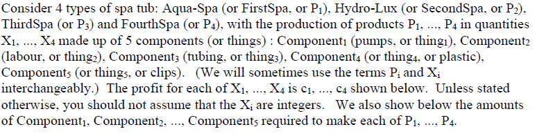 Consider 4 types of spa tub: Aqua-Spa (or FirstSpa, or Pi). Hydro-Lux (or SecondSpa, or P). ThirdSpa (or Ps) and FourthSpa (or P4), with the production of products Pi. P4 in quantities Xi, X4 made up of 5 components (or things): Componentı (pumps, or thingı). Componentz (labour, or thing2). Components (tubing, or thing3). Component (or thinga, or plastic), Components (or things, or clips). (We will sometimes use the terms P and X, interchangeably.) The profit for each of Xi.....X4 is c4 shown below. Unless stated otherwise, you should not assume that the X, are integers. We also show below the amounts of Componentı. Component2. Components required to make each of Pi. Pi.