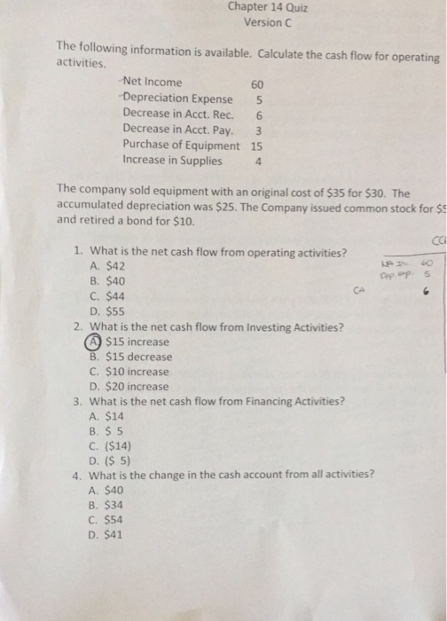 Chapter 14 Quiz Version C The following information is available. Calculate the cash flow for operating activities. Net Income Depreciation Expense 5 Decrease in Acct. Rec. 6 Decrease in Acct. Pay. 3 Purchase of Equipment 15 Increase in Supplies 4 60 The company sold equipment with an original cost of $35 for $30. The accumulated depreciation was $25. The Company issued common stock for $ and retired a bond for $10. CCi 1. What is the net cash flow from operating activities? A. $42 B. $40 C. $44 D. $55 CA 2. What is the net cash flow from Investing Activities? $15 increase B. $15 decrease C. $10 increase D. $20 increase 3. What is the net cash flow from Financing Activities? A. $14 B. $ 5 C. ($14) D. (S 5) 4. What is the change in the cash account from all activities? A. $40 B. $34 C. $54 D. $41