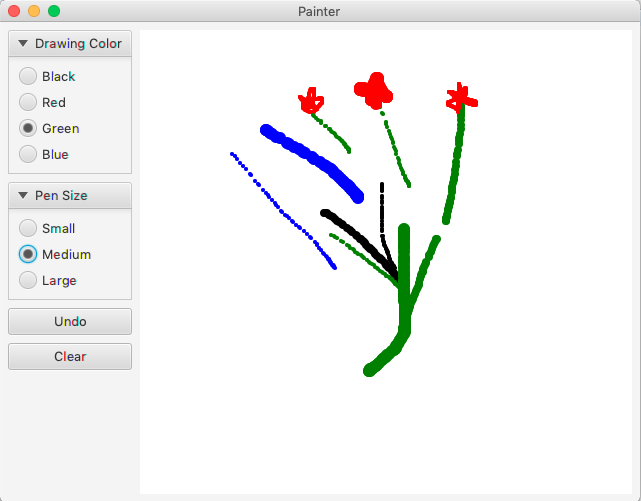 Painter Drawing Color Black Red Green Blue Pen Size Small Medium Large Undo Clear 