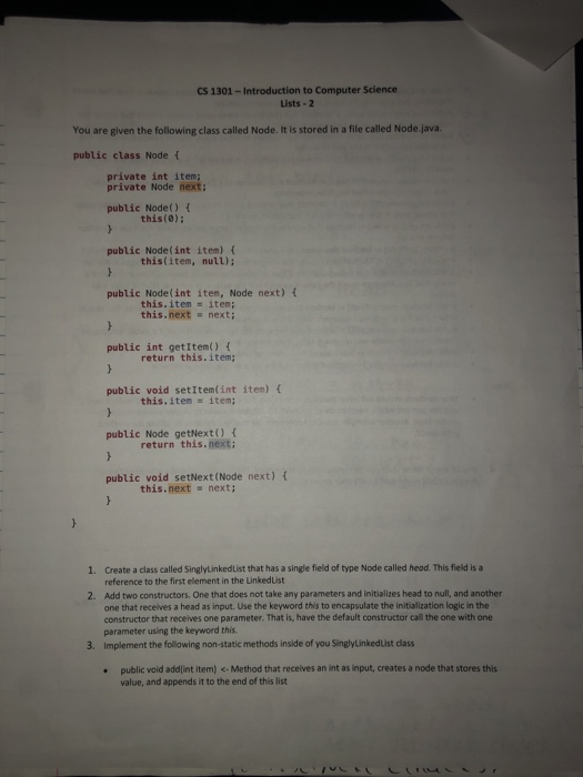 CS 1301- Introduction to Computer Science Lists 2 You are given the following class called Node. It is stored in a file calle