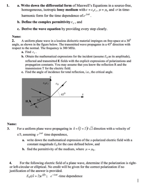 Solved 1 A Write Down The Differential Form Of Maxwell S Chegg Com