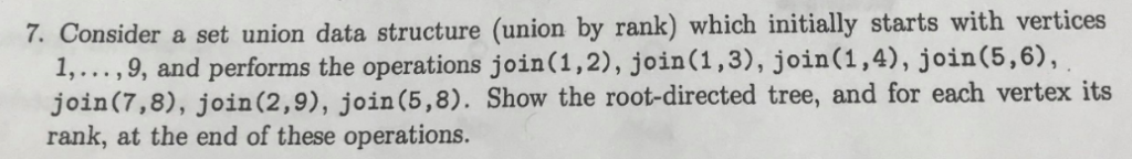 7. Consider a set union data structure (union by rank) which initially starts with vertices 1, in(1,2), join(1,3), join(1,4),