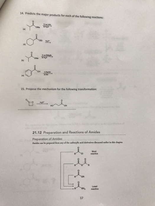 14. Predicts the major products for each of the following reactions: ld) b) 1) NaOH (이 15. Propose the mechanism for the following transformation: 21.12 Preparation and Reactions of Amides Preparation of Amides Amides can be Prepared Gomany ofchc abayak aid derivatives dicmsed carlier in屾chapter Least reactive R 、NH, 17