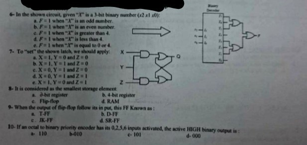 6- In the shown circuit, given is a 3-bit binary number (x2 1 40) a Fslwhen is an odd number. b. Fulwhen is an even number e. F I when X is greater than 4 d FslwhenX is less than 4 e. F 1 when X is equal to 0 or 4 I. F, 7-Toset the shown latch, we should apply: X- 8- It is considered as the smallest storage element 9- When the output of flip-flop follow its in put, this FF Known as: 10-If an octal to binary priority encoder has its 0,2,5,6 inputs activated, the active HIGH binary output is: a. a-bit register e. Flip-flop b. 4-bit register d RAM a T-FF e. JK-FF d. SR-FF a 110 b-010 e- 101 d- 000