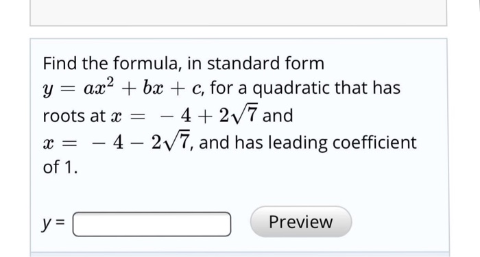 Find The Formula In Standard Formm Y Ax2 Bx C Chegg Com