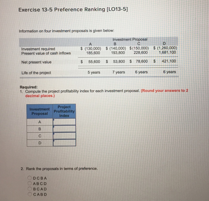 Exercise 13-5 Preference Ranking [L013-5] Information on four investment proposals is given below: Investment Proposal Investment required (130,000) (140,000) $ (150,000) $ (1,260,000) Present value of cash inflows Net present value Life of the project 85,600 193,800 228,600 1,681,100 $ 55,600 $ 53,800 78,600421.100 6 years 5 years7 years 6 years Required: 1. Compute the project profitability index for each investment proposal. (Round your answers to 2 decimal places.) Project Investment Profitability Proposal Index 2. Rank the proposals in terms of preference. ABCD OBCAD OCABD
