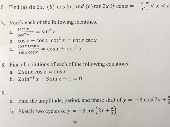 Find A Sin 2x B Cos 2x And C Tan 2x If Cos X Chegg Com