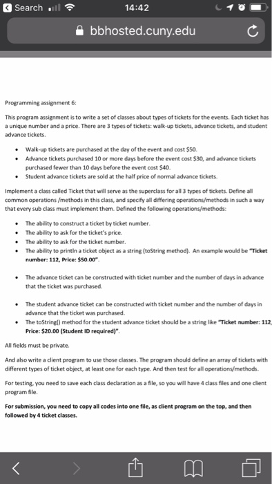 14:42 Search .111令 a bbhosted.cuny.edu Programming assignment 6: This program assignment is to write a set of classes about t