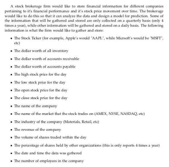 A stock brokerage firm would like to store finandial information for different companies pertaining to its financial perform