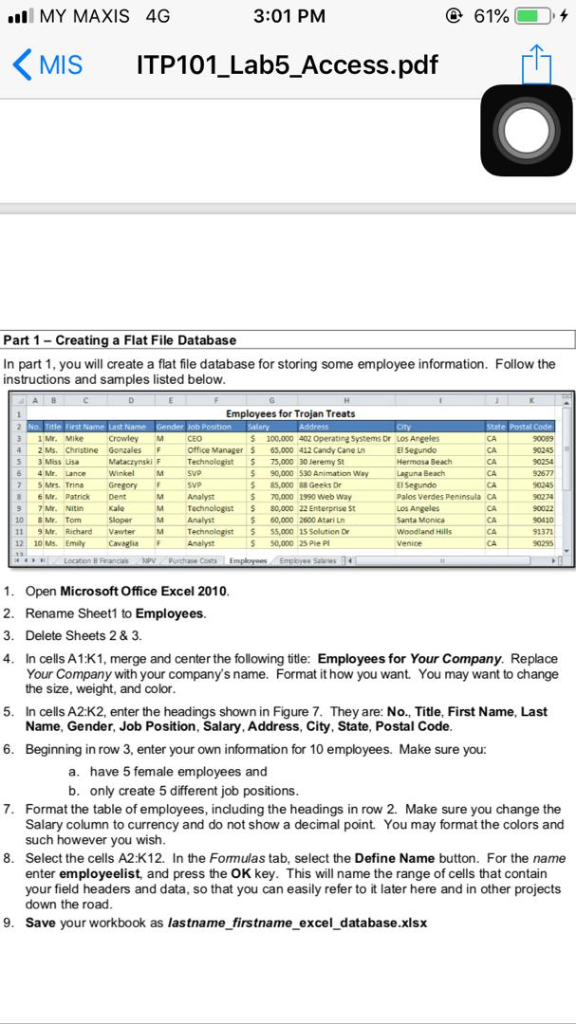 . MY MAXIS 4G 3:01 PM MIS ITP101.Lab5_Access.pdf |-ђ Part 1- Creating a Flat File Database In part 1, you will create a flat