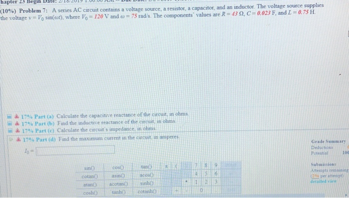 Solved 10 Problem 7 A Series Ac Circuit Contains A Vo Chegg Com