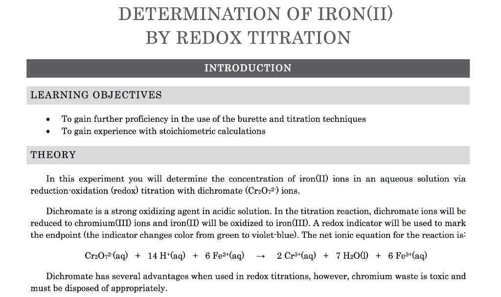 Solved DETERMINATION OF IRON(II BY REDOX TITRATION INTROD...