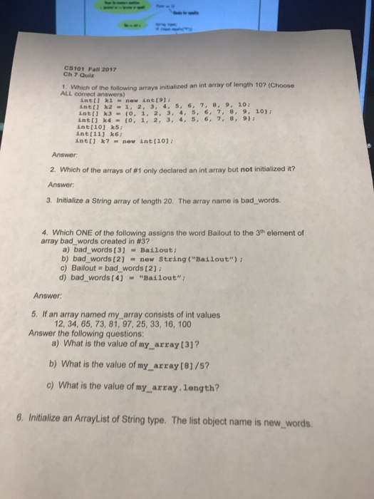 Solved Cs101 Fall 2017 Ch 7 Quiz 1 Which Of The Followin