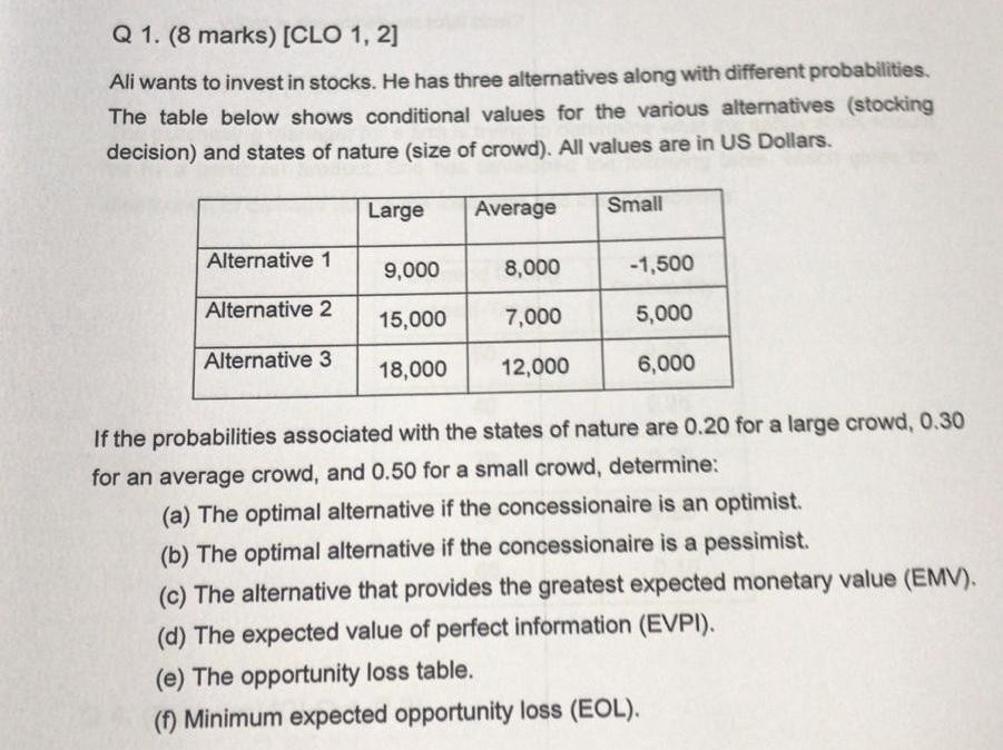 Q 1. (8 marks) [CLO 1,2] Ali wants to invest in stocks. He has three alternatives along with different probabilities. The table below shows conditional values for the various alternatives (stocking decision) and states of nature (size of crowd). All values are in US Dollars. Large Average Small Alternativ9 9,000 8,000 15,000 7,00 -1,500 5,000 6,000 Alternative 2 18,000 12,000 If the probabilities associated with the states of nature are 0.20 for a large crowd, 0.30 for an average crowd, and 0.50 for a small crowd, determine: (a) The optimal alternative if the concessionaire is an optimist. (b) The optimal alternative if the concessionaire is a pessimist. (c) The alternative that provides the greatest expected monetary value (EMV) (d) The expected value of perfect information (EVPI). (e) The opportunity loss table. (1) Minimum expected opportunity loss (EOL).