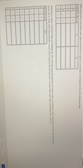 to the D fnip-flops with Clear and Preset in Figure 713 and Side 2 of Module 66, il-in the following table OFF inputs are D.