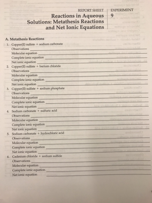 Solved Report Sheet I Experiment Reactions In Aqueous Chegg Com