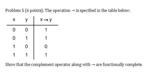 Problem 5 (6 points): The operation is specified in the table below: 0 Show that the complement operator al ong with → are functionally complete