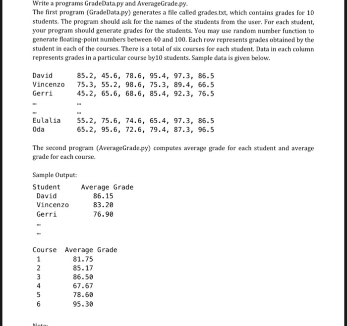 Write a programs GradeData.py and AverageGrade.py The first program (GradeData.py) generates a file called grades.txt,which c