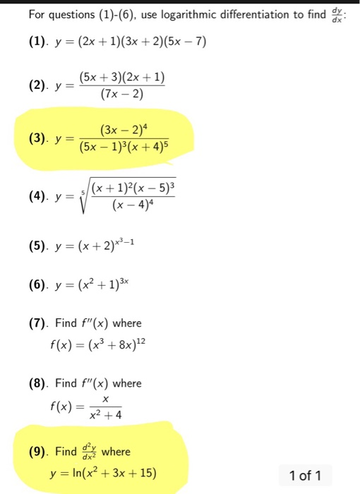 For Questions 1 6 Use Logarithmic Chegg Com