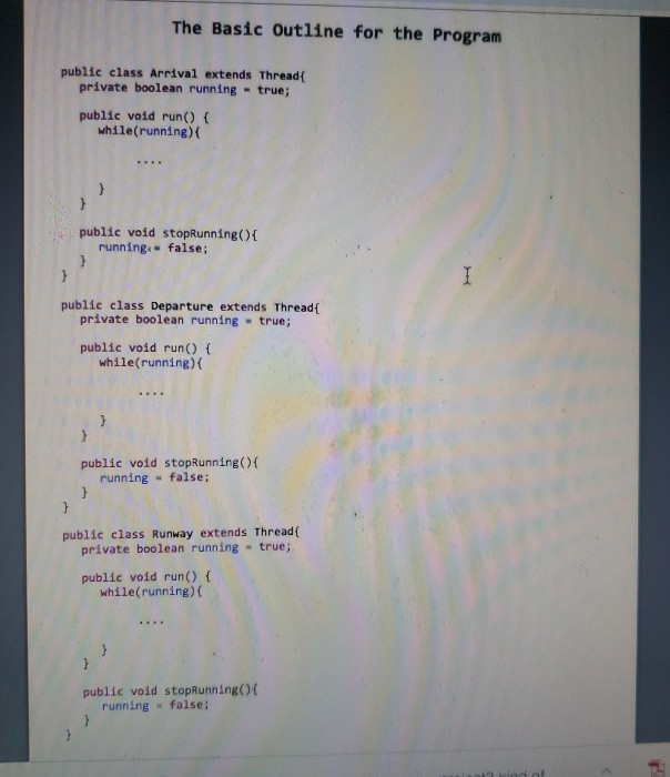 The Basic Outline for the Program public class Arrival extends Threadf private boolean running true public void run() ( while
