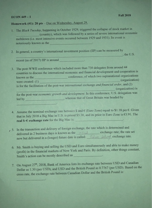 Solved Fall 2018 Econ 449 1 Homew Ork 1 20 Pts Due O - 