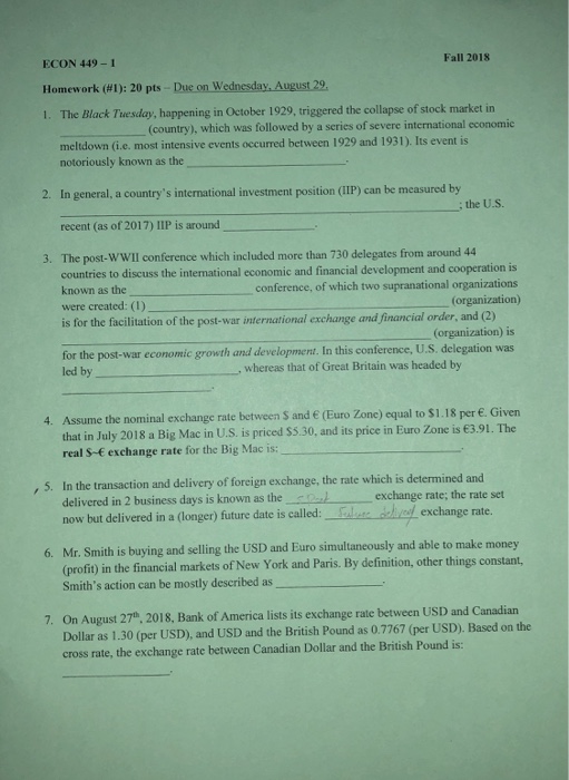 Solved Fall 2018 Econ 449 1 Homew Ork 1 20 Pts Due O - 