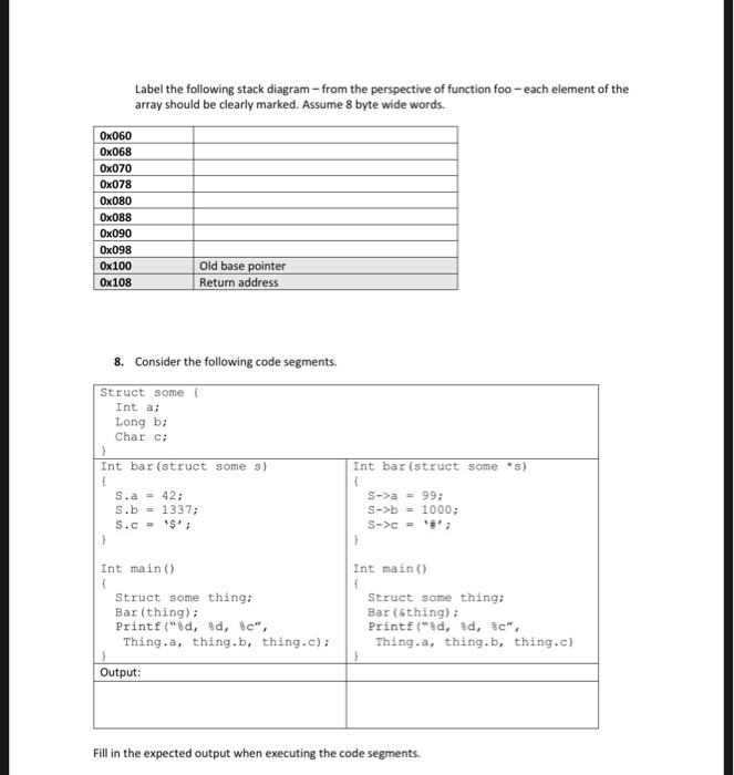 Label the following stack diagram-from the perspective of function foo-each element of the array should be clearly marked. As