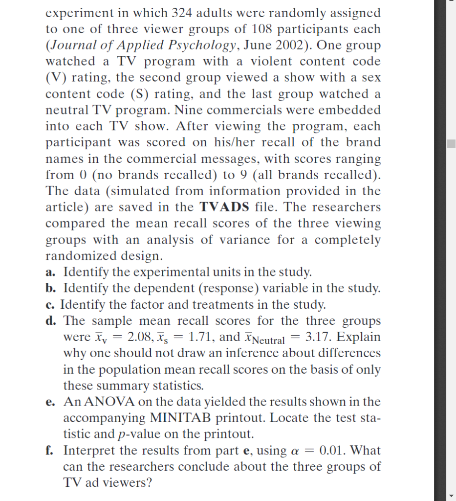 Solved Study of recall of TV commercials. Do TV shows with | Chegg.com