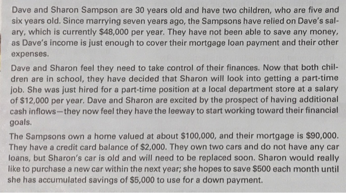 Dave and Sharon Sampson are 30 years old and have two children, who are five and six years old. Since marrying seven years ago, the Sampsons have relied on Daves sal- ary, which is currently $48,000 per year. They have not been able to save any money, as Daves income is just enough to cover their mortgage loan payment and their other expenses Dave and Sharon feel they need to take control of their finances. Now that both chil- dren are in school, they have decided that Sharon will look into getting a part-time job. She was just hired for a part-time position at a local department store at a salary of $12,000 per year. Dave and Sharon are excited by the prospect of having additional cash inflows-they now feel they have the leeway to start working toward their financial goals The Sampsons own a home valued at about $100,000, and their mortgage is $90,000. They have a credit card balance of $2,000. They own two cars and do not have any car loans, but Sharons car is old and will need to be replaced soon. Sharon would really like to purchase a new car within the next year; she hopes to save $500 each month until she has accumulated savings of $5,000 to use for a down payment.