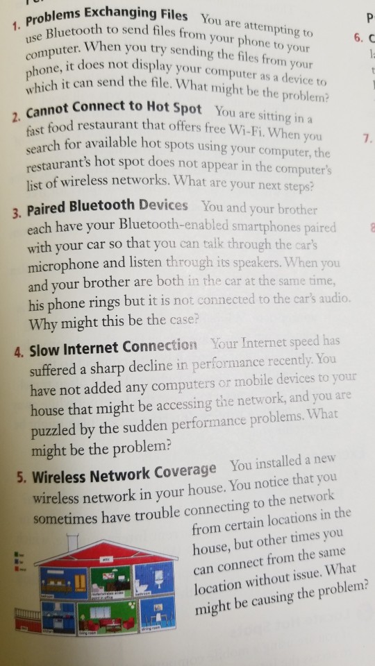 Exchanging Files You are attempting to oth to send files from your phone to your useWhen you try sending the files from your comp it does not display your computer as a device to which it can send file ponnd the file. What might be the problem 6 Connect to Hot Spot You are sitting in a food restaurant that offers free Wi-Fi. When you earch for available hot spots using your computer,the estaurants hot spot does not appear in the computers fast 7. searc staurants list of wireless networks. What are your next steps? red Bluetooth Devices You and your brother each have your Bluetooth-enabled smartphones paired with your car so that you can talk through the cars microphone and listen through its speakers. When you and your brother are both in the car at the same time, his phone rings but it is not connected to the cars audio Why might this be the case? 4. Slow Internet Connection Your Internet speed has suffered a sharp decline in performance recently. You have not added any computers or mobile devices to your house that might be accessing the network, and you are puzzled by the sudden performance problems. What might be the problem? You installed a new 5. Wireless Network Coverage wireless network in your house. You notice that you sometimes have trouble connecting to the network from certain locations in the house, but other times you can connect from the same location without issue. What might be causing the problem?