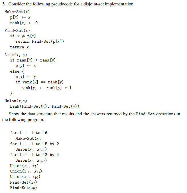 3. Consider the following pseudocode for a disjoint-set implementation Make-Set (x) rank [x] 0 Find-Set (x) return Find-Set (