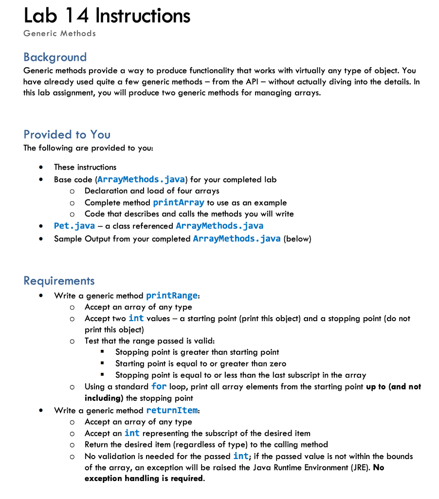 Lab 14 lnstructions Generic Methods Background Generic methods provide a way to produce functionality that works with virtual