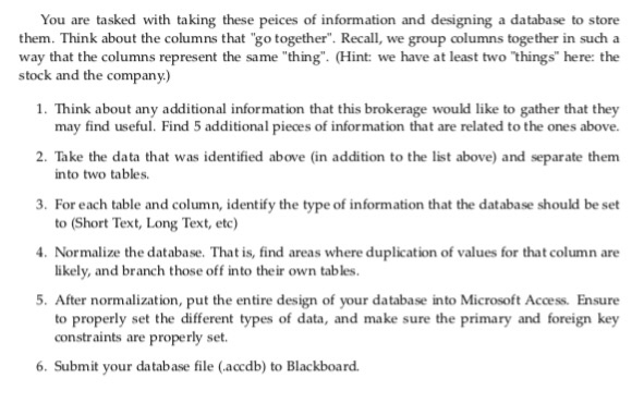 You are tasked with taking these peices of information and designing a database to store them. Think about the columns that