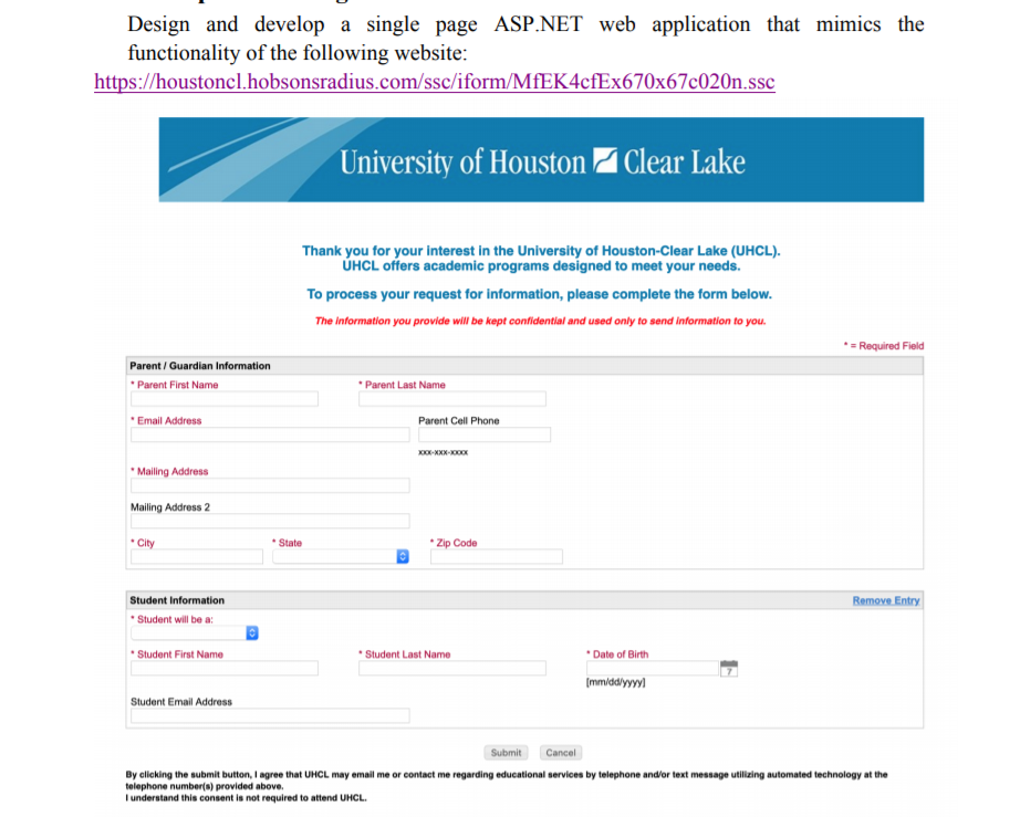 Design and develop a single page ASP.NET web application that mimics the functionality of the following website https://houst