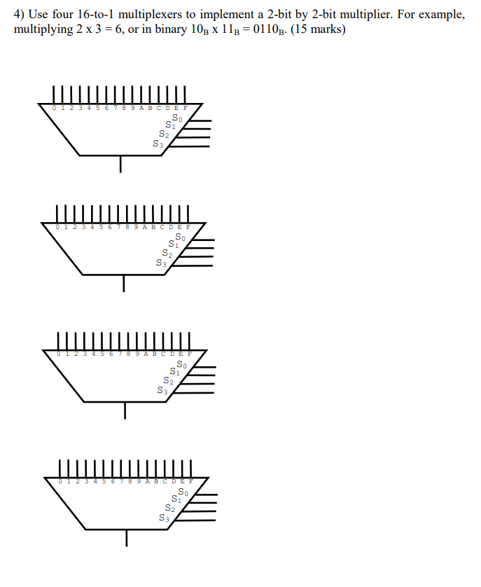 4) Use four 16-to-1 multiplexers to implement a 2-bit by 2-bit multiplier. For example, multiplying 2 x 3-6, or in binary 10B