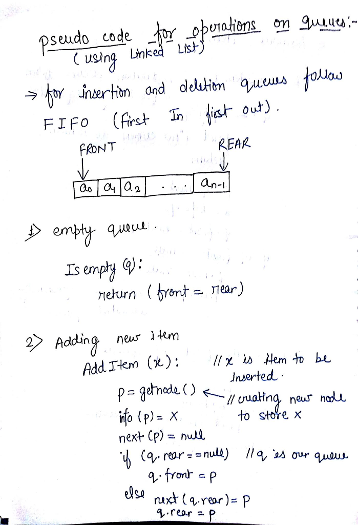 pseudo code C using Linked List) FRONT REAR Is empty ).: neturn bront ear) 2 Addin ner iem Addrem (%) : // χΟ Hem, to bu. Inserted (p)=x next(p) = null to store x 9 reor - P