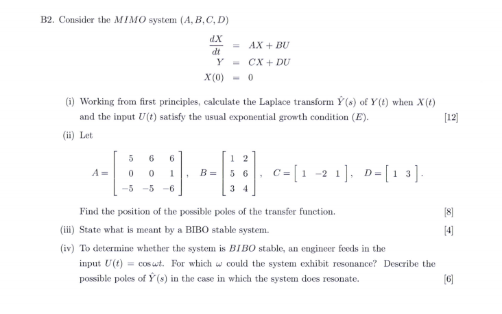 B2 Consider The Mimo System A B C D Dx Ax Bu Chegg Com