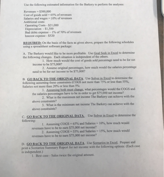 Use the following estimated information for the Barkery to perform the analyses: Revenues = $300,000 Cost ofgoods sold = 65%
