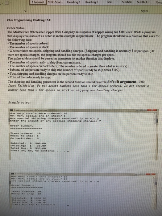 LNormal」 No Spac Heading 1 Heading 2 Title Subtitle Subtle Em. Emp Styles Ch 6 Programming Challenge 14: Order Status The Mid