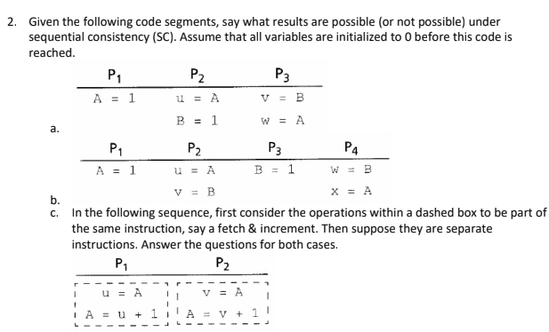2. Given the following code segments, say what results are possible (or not possible) under sequential consistency (SC). Assume that all variables are initialized to 0 before this code is reached. WB In the following sequence, first consider the operations within a dashed box to be part of the same instruction, say a fetch & increment. Then suppose they are separate instructions. Answer the questions for both cases. c.