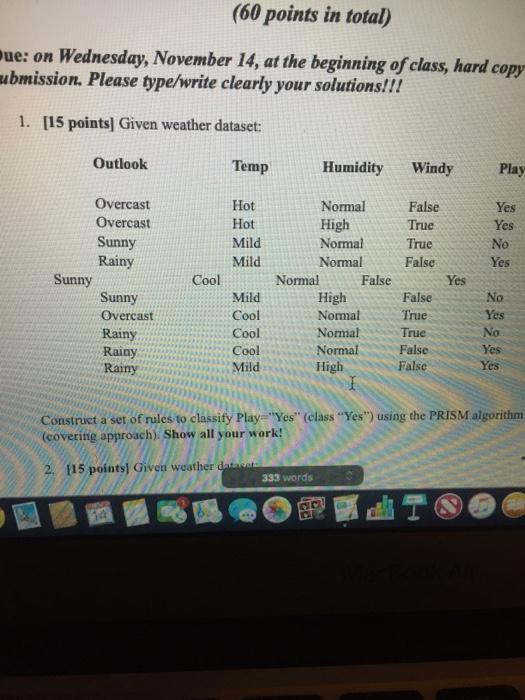 (60 points in total) ue: on Wednesday, November 14, at the beginning of class, hard copy bmission. Please type/write clearly your solutions!!! 1. [15 points] Given weather dataset: Outlook Temp HumidityWindyPlay Yes Overcast Overcast Sunny Rainy Hot Hot Mild Mild Normal False True Normal True NormalFalse Yes No Yes High Sunny Cool Normal False Yes High NormalTrue Normal Normal HighFalse No Yes No Yes Yes False Mild Cool Cool Cool Sunny Overcast True Rainy Rainy Rainy HighFalse Construct a ser of rules to classity Play-Yes (class Yes) using the PRISM algorithm (covering approach). Show all your work 2. 115 points) Given wearther dia 333 words