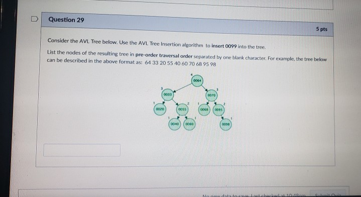 Question 29 5 pts Consider the AVL Tree below. Use the AVL Tree Insertion algorithm to insert 0099 into the tree. List the no