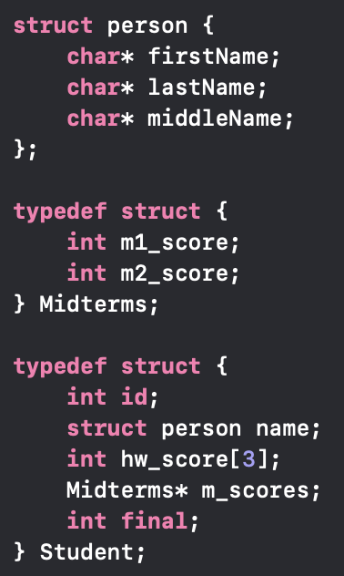 struct person t char* firstName; char* lastName; char* middleName; li typedef structf int m1_score; int m2_score; Midterms; t