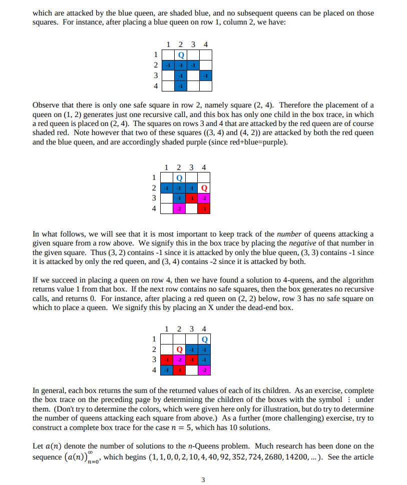 which are attacked by the blue queen, are shaded blue, and no subsequent queens can be placed on those squares. For instance,